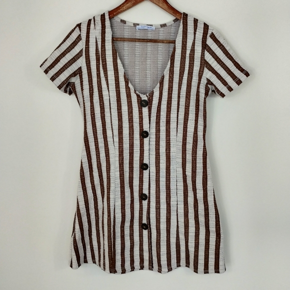 Zara Trafaluc Mini Dress Medium Striped White Brown Coastal Feminine Hippie - Picture 1 of 8